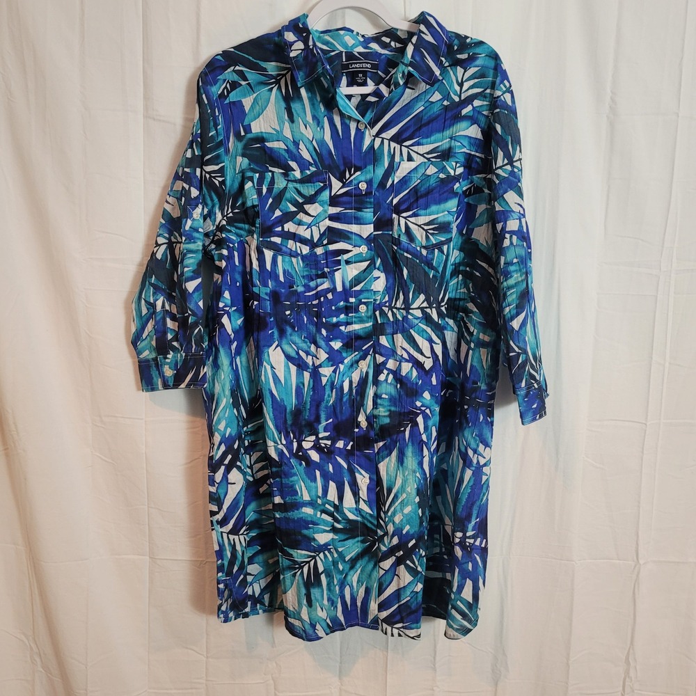 Lands End Womens 1X Blue Tropical Palm Leaf Print Cotton Tunic Shirt 16W-18W